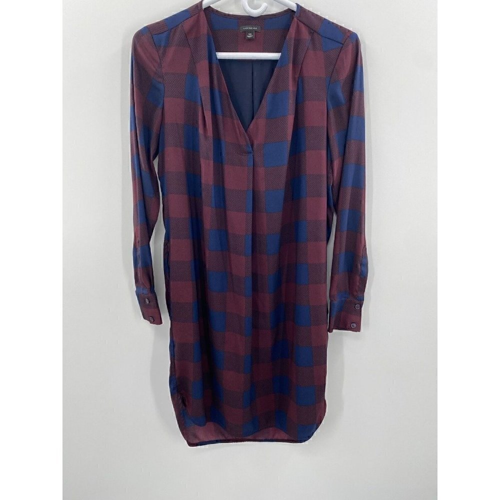 Ann Taylor Plaid Blue Long Sleeve Tunic Red Mini Dress Women Size X-Small